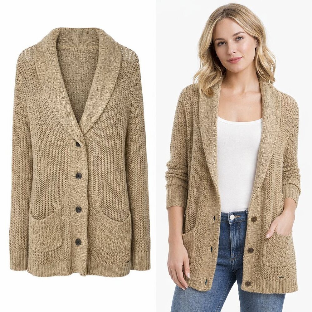DENIM & SUPPLY RALPH LAUREN Open Knit Button Up Shawl Neck Linen Cardigan